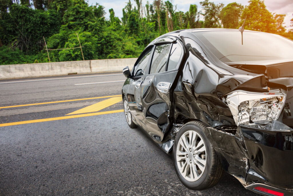 Car damaged after serious hit and run accident.